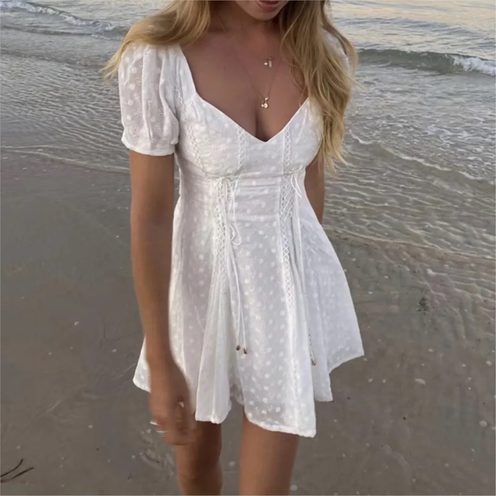 

Sweet White Embroidery Hole Stitching Lace Cross Lacing up Short Puff Sleeve Dress Woman French Mini Dresses Holiday Robe
