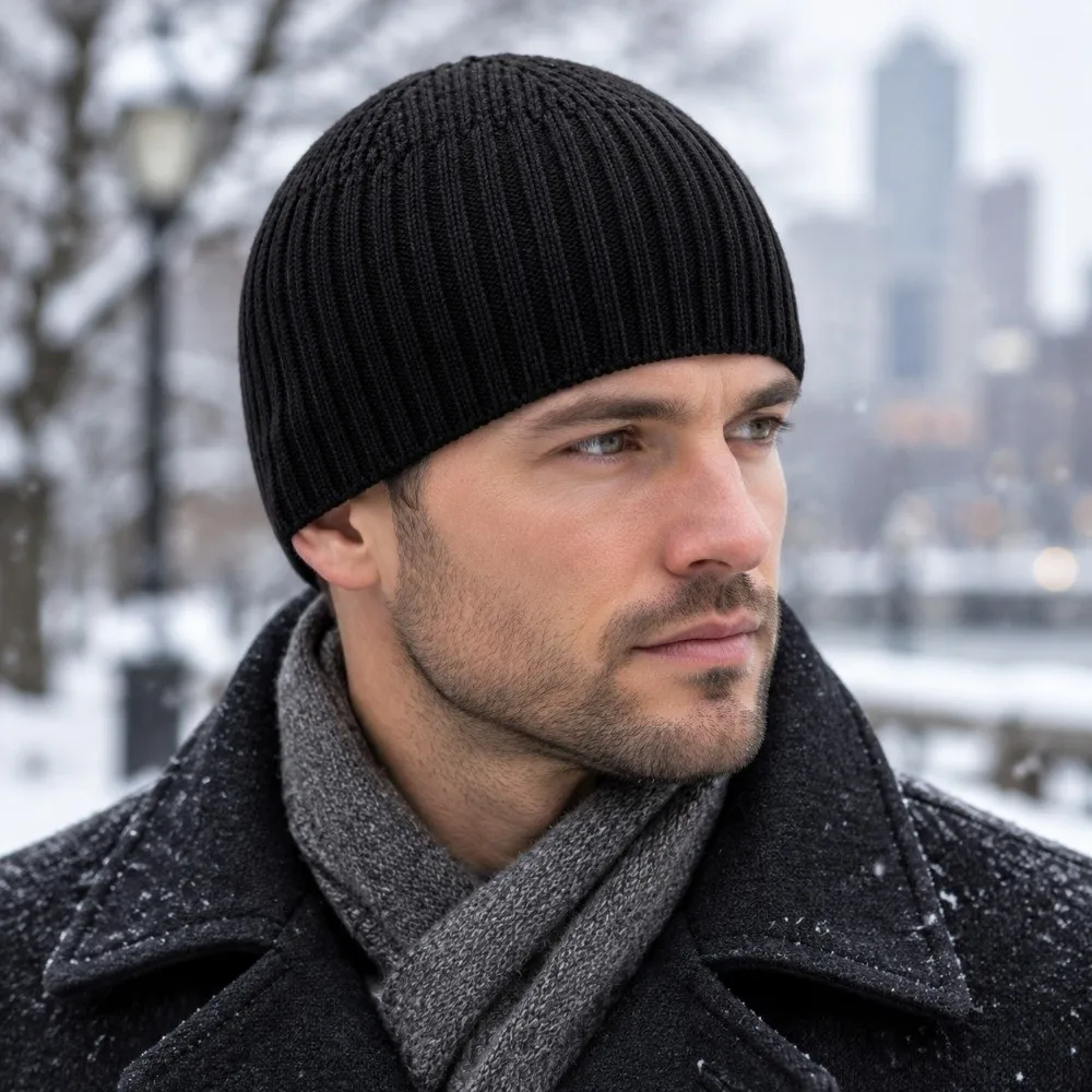 Fashion Soft Striped Knitted Beanie Thermal Lightweight Short Crochet Landlord Cap Solid Color Windproof Warm Men Cap Driving