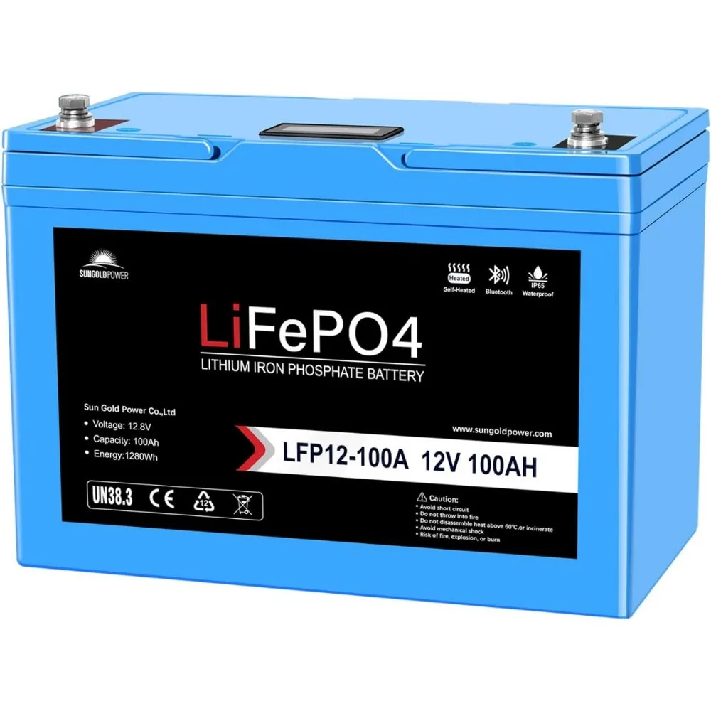 

SUNGOLDPOWER 12V 100AH 1280Wh LiFePO4 Battery Built-in 100A BMS, 4000+ Deep Cycles Battery with bluetooth, IP65 Waterproof Perfe