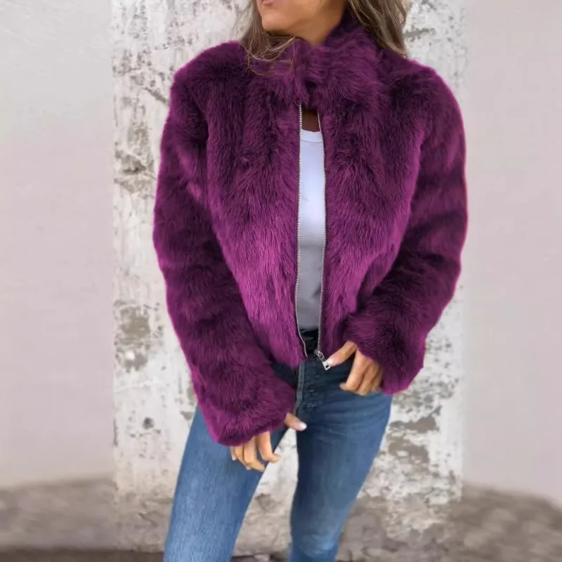 Women's Winter Tops Coat Faux Fur Zipper High Neck Vintage Simple Comfortable Loose Casual Design Fashion Advanced Niche Skinny