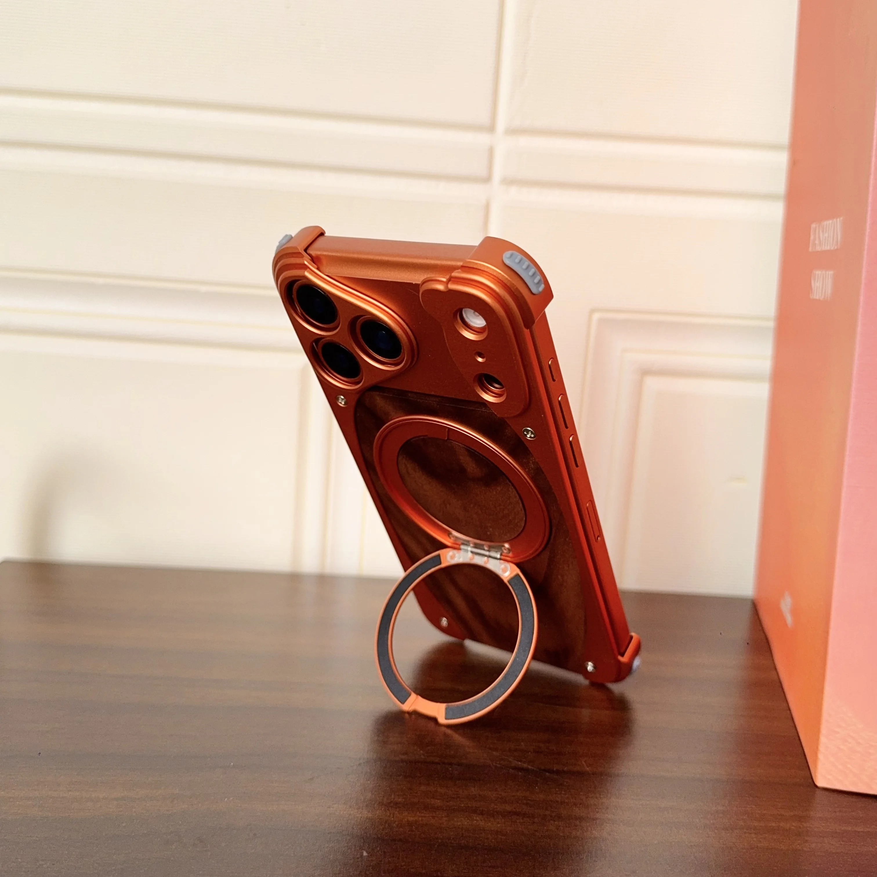 Luxury Metal Frame Walnut Wood Frameless Phone Case For iPhone 18 17 16 15 14 Pro Max Magsafe Magnetic Rotating Bracket Cover
