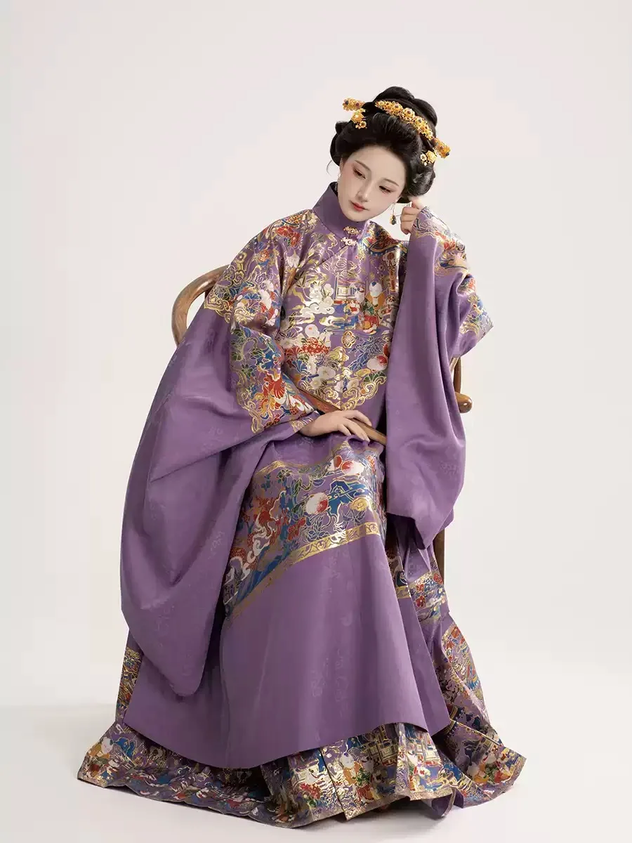 Original Ming Dynasty Hanfu Purple Gold Embroidered Cloud Shoulder Open Sleeve Stand Collar Jacket by Fuke Lin Long Sleeve Lo...