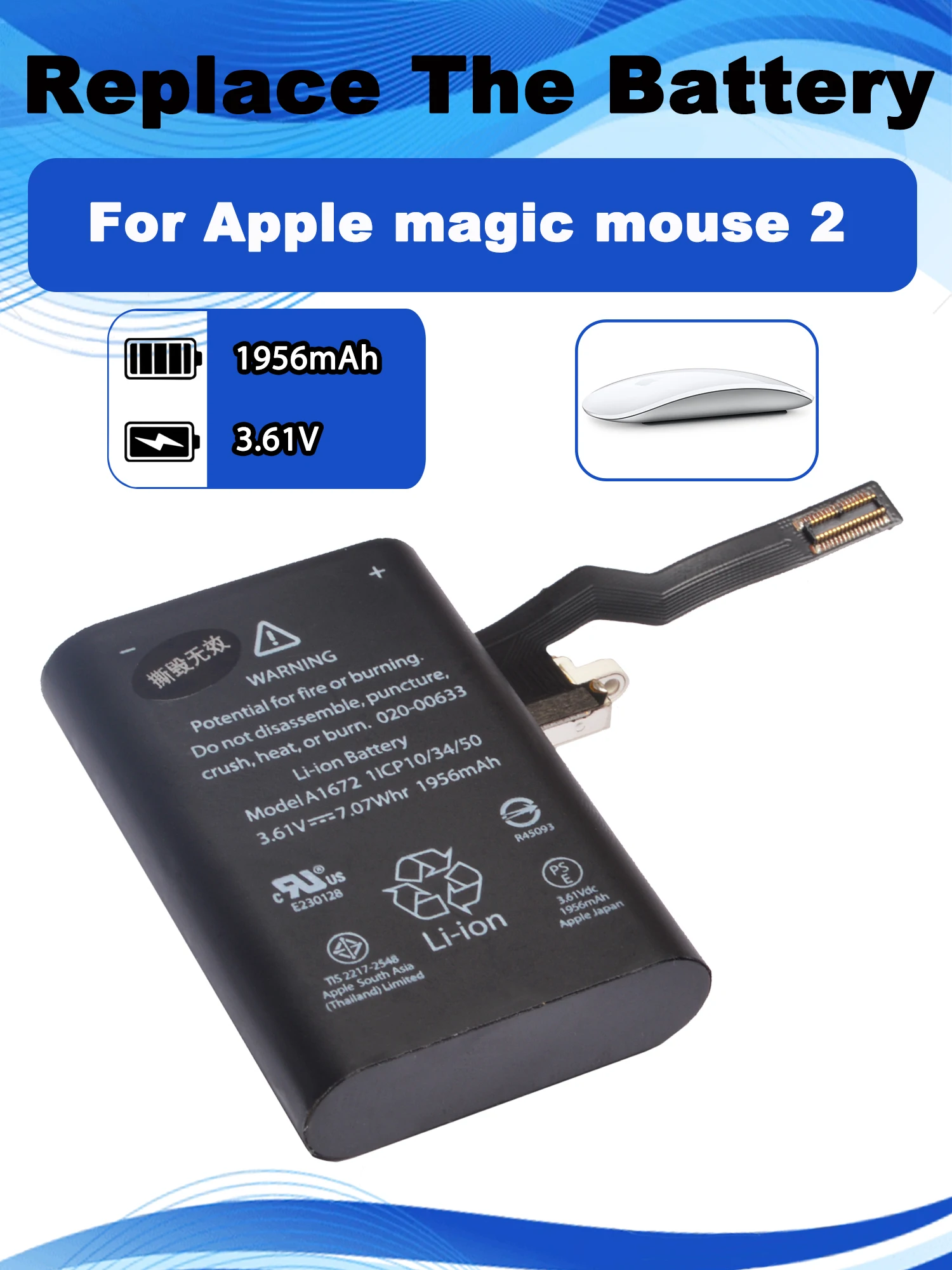 3.61V 1956mAh Replacement Battery A1672 A1657 (2nd) For Apple Magic Mouse 2 Wireless 020-00634 020-00633 Parts Accessories