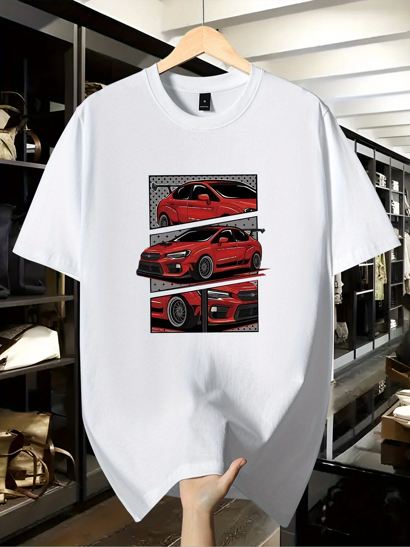 Red Sports Car Graphic T-shirt Men Cotton Short Sleeve Tuner Racing Auto Lover Oversized Casual Street Daily Tops