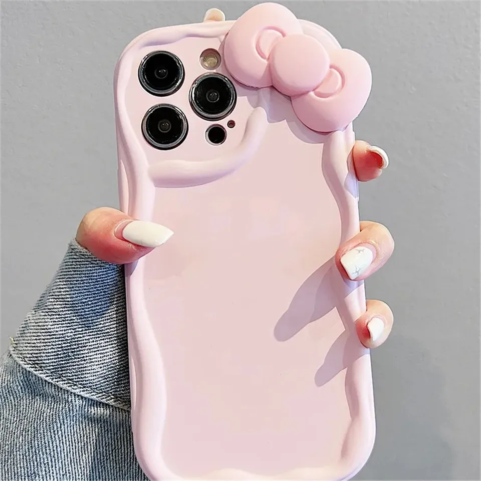 Cute 3D Pink Bow Flower Hang Round Bracelet Chain Phone Case For iPhone 14 Pro Max 11 12 13 X XR XS Max 7 8 Plus Candy Cover