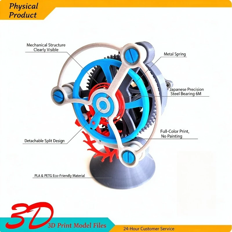 3D Printed Tourbillon Mechanical Model DIY Kit, Spring Powered Escapement Gear, STEM Educational Desktop Ornament Gift