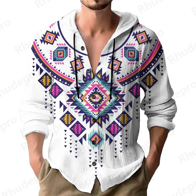 

2025 Men's National Style Casual Shirt Hooded Drawstring Cardigan Trendy Autumn Loose Beach Shirt Camisas Para Hombres