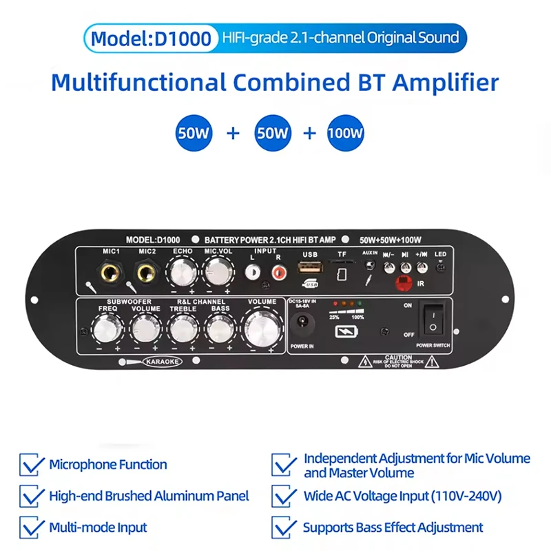 Bluetooth 5.0 Amplifier Board 50W+50W+100W 2.1 Channel Rechargeable Subwoofer Amplifier with DSP Processor for Car Home Karaoke