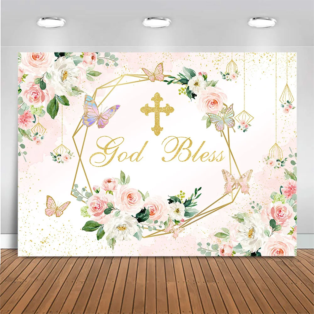 Mocsicka Baptism Backdrop Baby God Bless You Cross Photography Background Girl First Communion Party Decor Pink Flower Butterfly