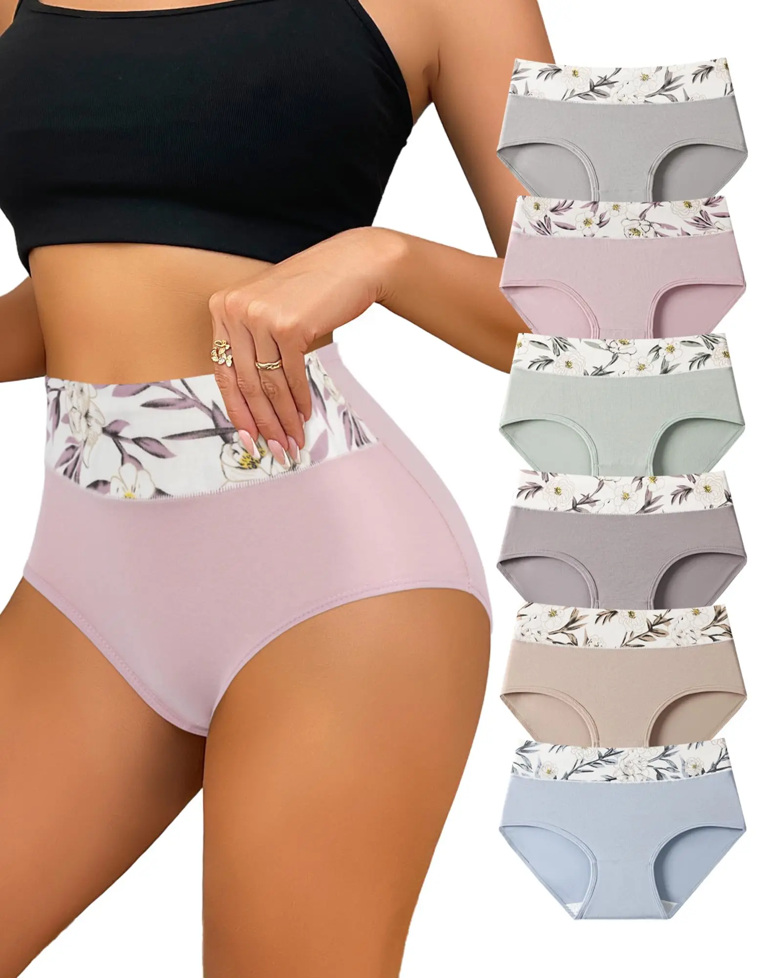 

6pcs Middle Waist Cotton Underwear for Women Soft Breathable Ladies Panties with Floral Print Full Coverage Briefs