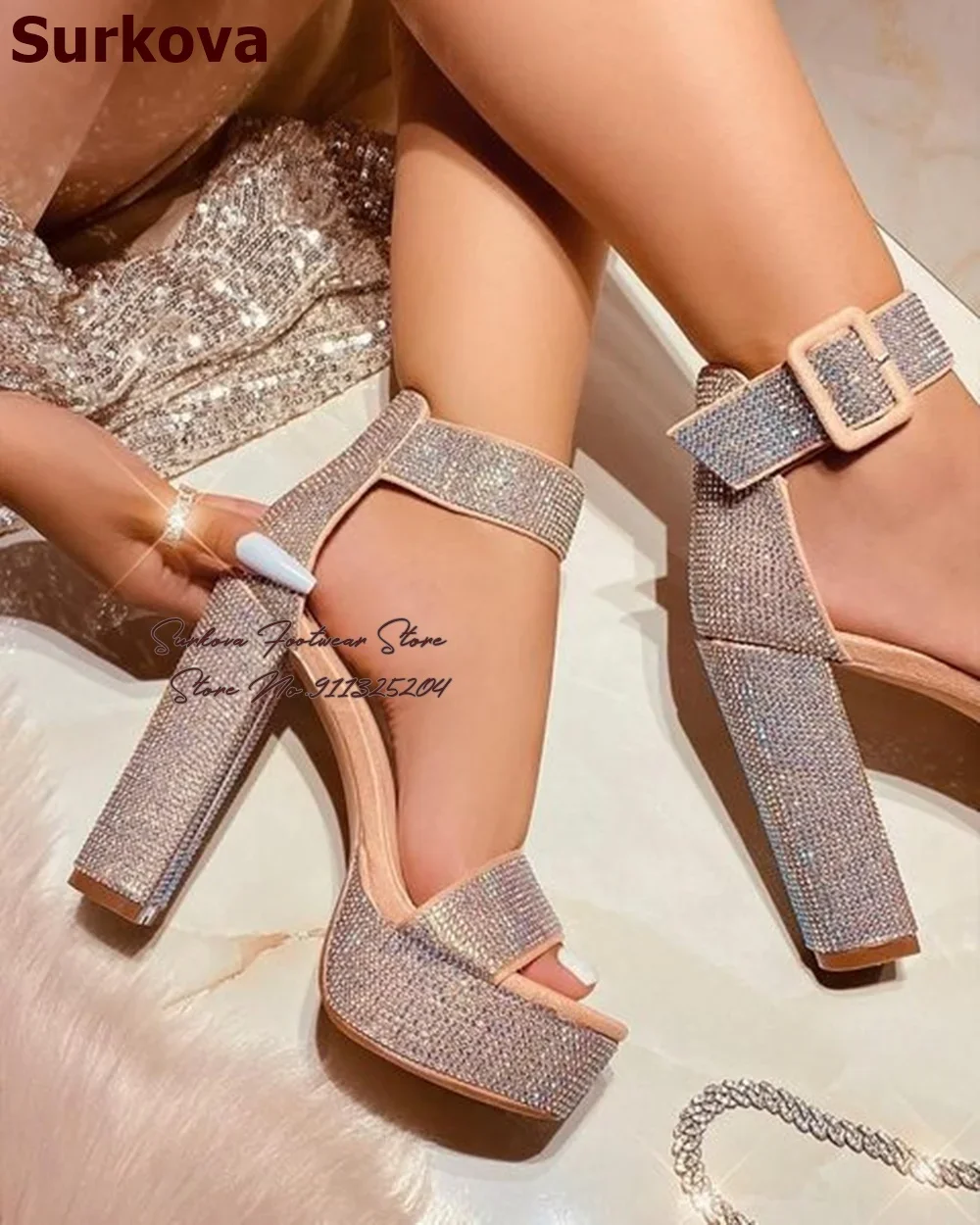 Surkova Pink Silver Multi-Crystal Chunky Heel Sandals Glittering Full Rhinestone Wedding Pumps Square Buckle Platform Evening