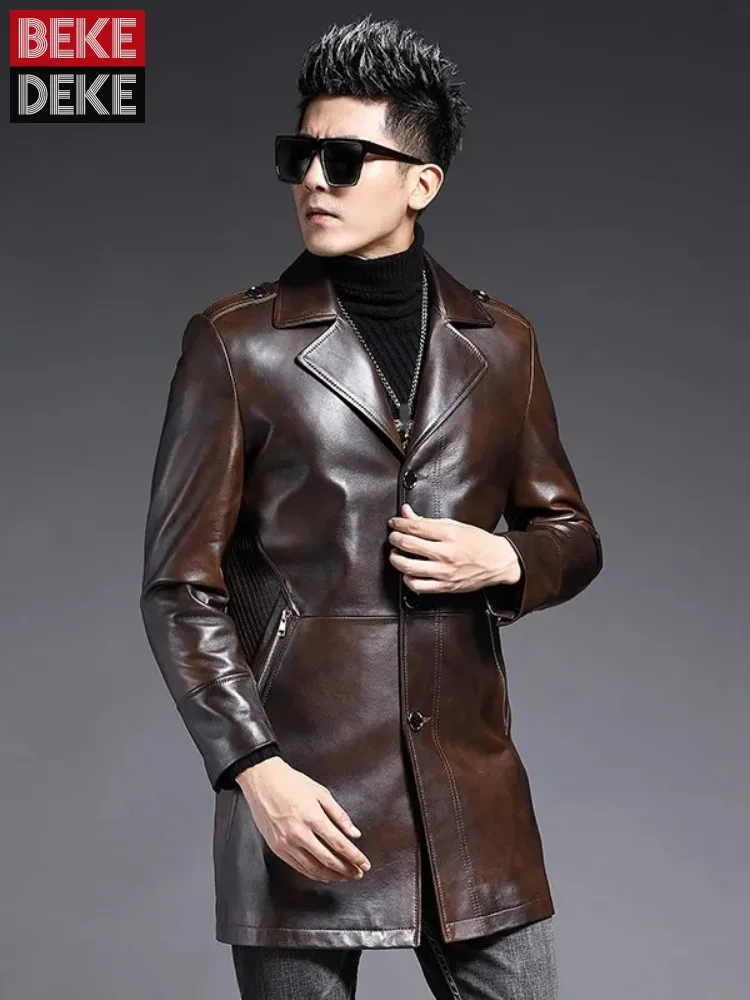 Brand Genuine Leather Medium Long Jacket Men Vintage Lapel Sheepskin Coat Business Slim Fit Single Breasted Casual Windbreakers