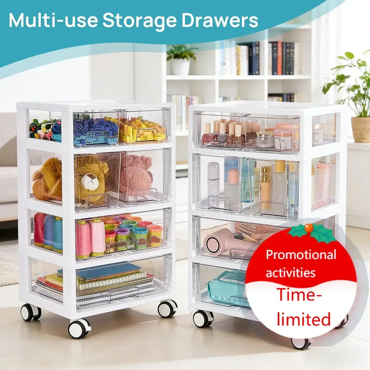 Plastic Drawer Storage Orangizer, 4 Tier 6 Drawers with Wheels for Office Supplies, Art Crafts, Under Desk Storage for Office, B