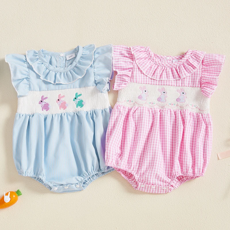 0-18M Baby Girl Easter Romper Short Sleeve Ruffle Collar Bunny Embroidery Smocked Bodysuit Newborn Outfit