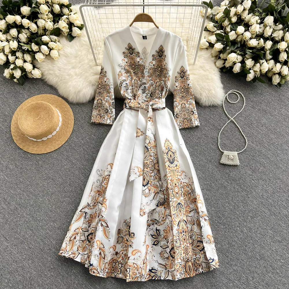 JAMERARY Designer Floral Print Holiday Dress Women Palace Style High-end Elegant Celebrity Midi Long Short Sleeve Vestidos