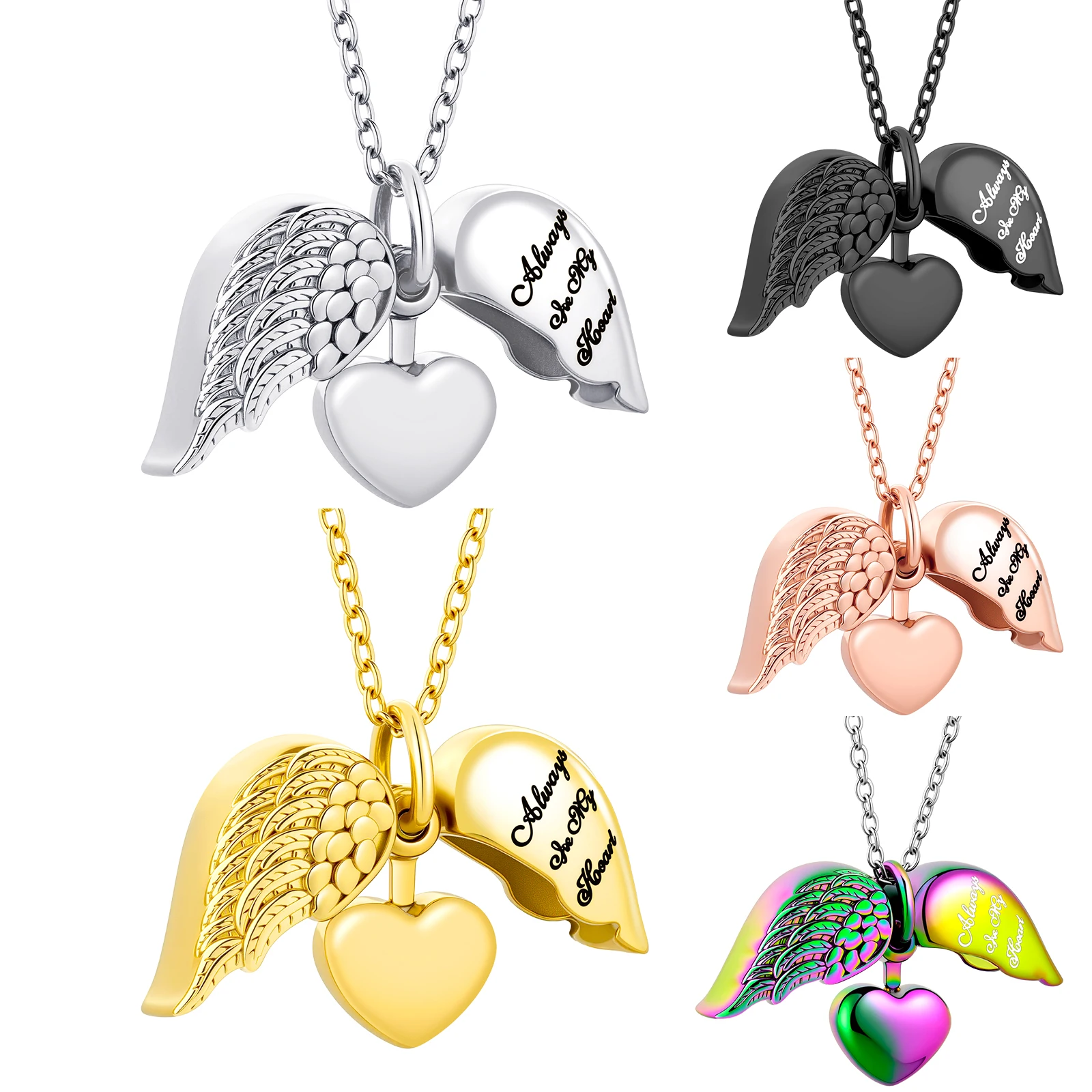 

Angel Wing Heart Cremation Locket Stainless Steel Ash Urn Necklace Always In My Heart Engraved Human Memorial Jewelry Gift