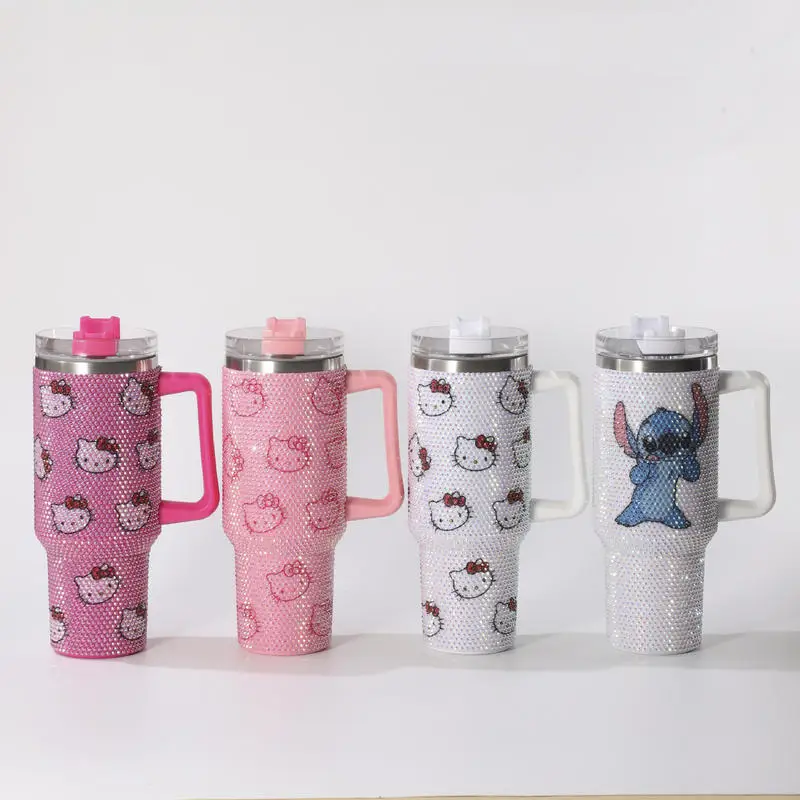 40oz Hello Kitty Cartoon Stainless Steel Cartoon Vacuum Cup Diamonds Insulated Cup Car Cup Handle Straw Large Capacity Gift