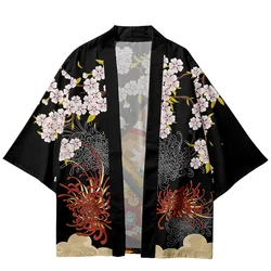 Japanese Cat Kimono Haori Cardigan Sakura Pattern Ukiyo-e Style Open Front Streetwear Harajuku Coat For Cosplay Party Tops