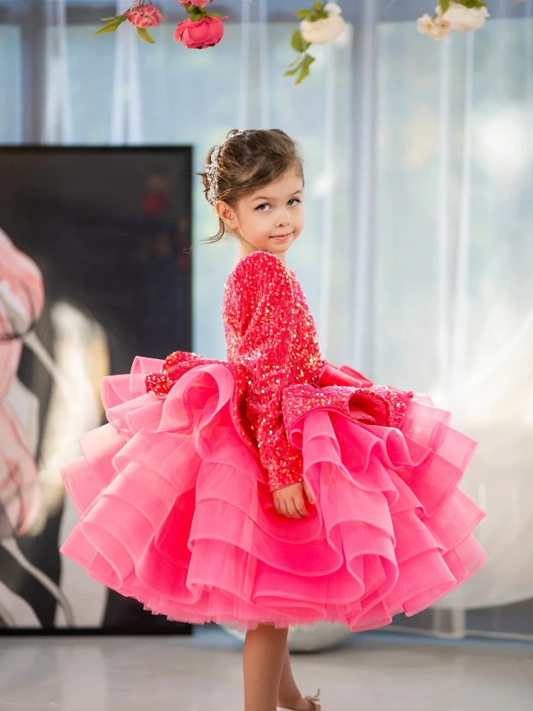 Shiny Long Sleeve Sequined Flower Girl Dresses Hot Pink Ruffles Girl's Birthday Party Dress Kids Pageant Dress Customized