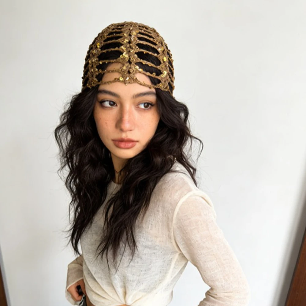 1pc Women's Y2K Cute Casual Style Fashion Contrast Color Sequin Shiny Hollow Breathable Handmade Knitted Cap Bucket Hat