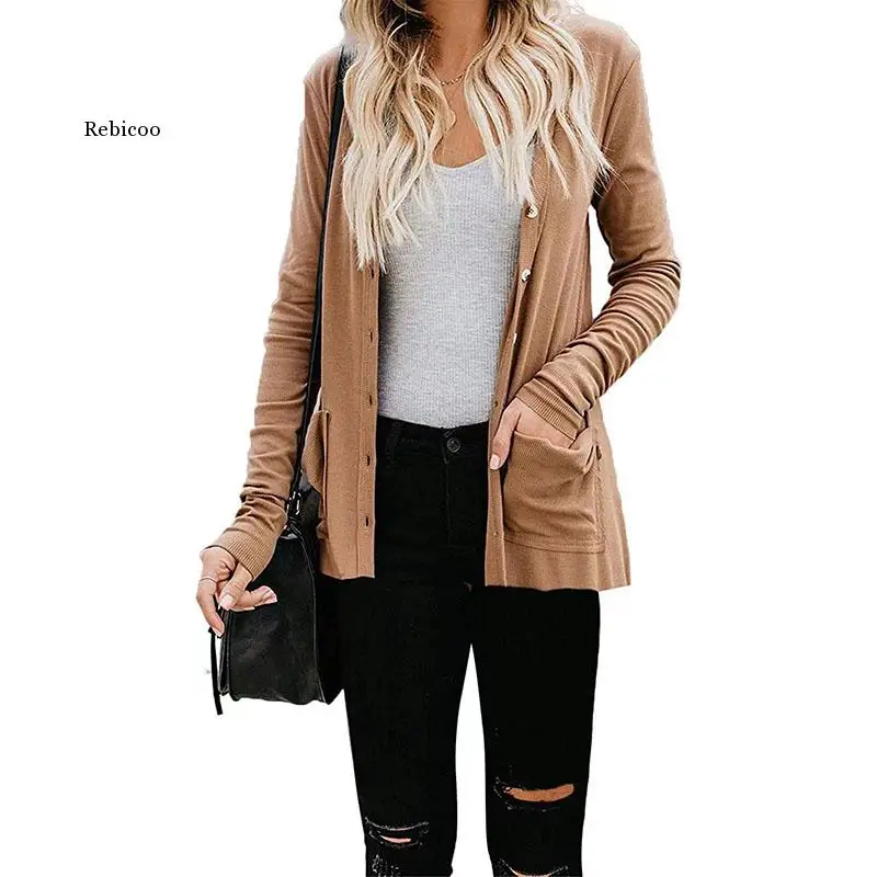 2022 fashion knitt ribbed women's cardigan jackets autumn winter casual solid long sleeve button pocket ladies all-match jackets