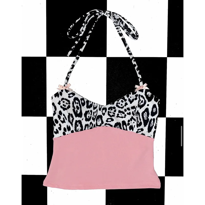 Leopard Patchwork Pink Contrast Tie Front Bow Knot Slim Fit Camisole Top Women Y2K Vintage Streetwear