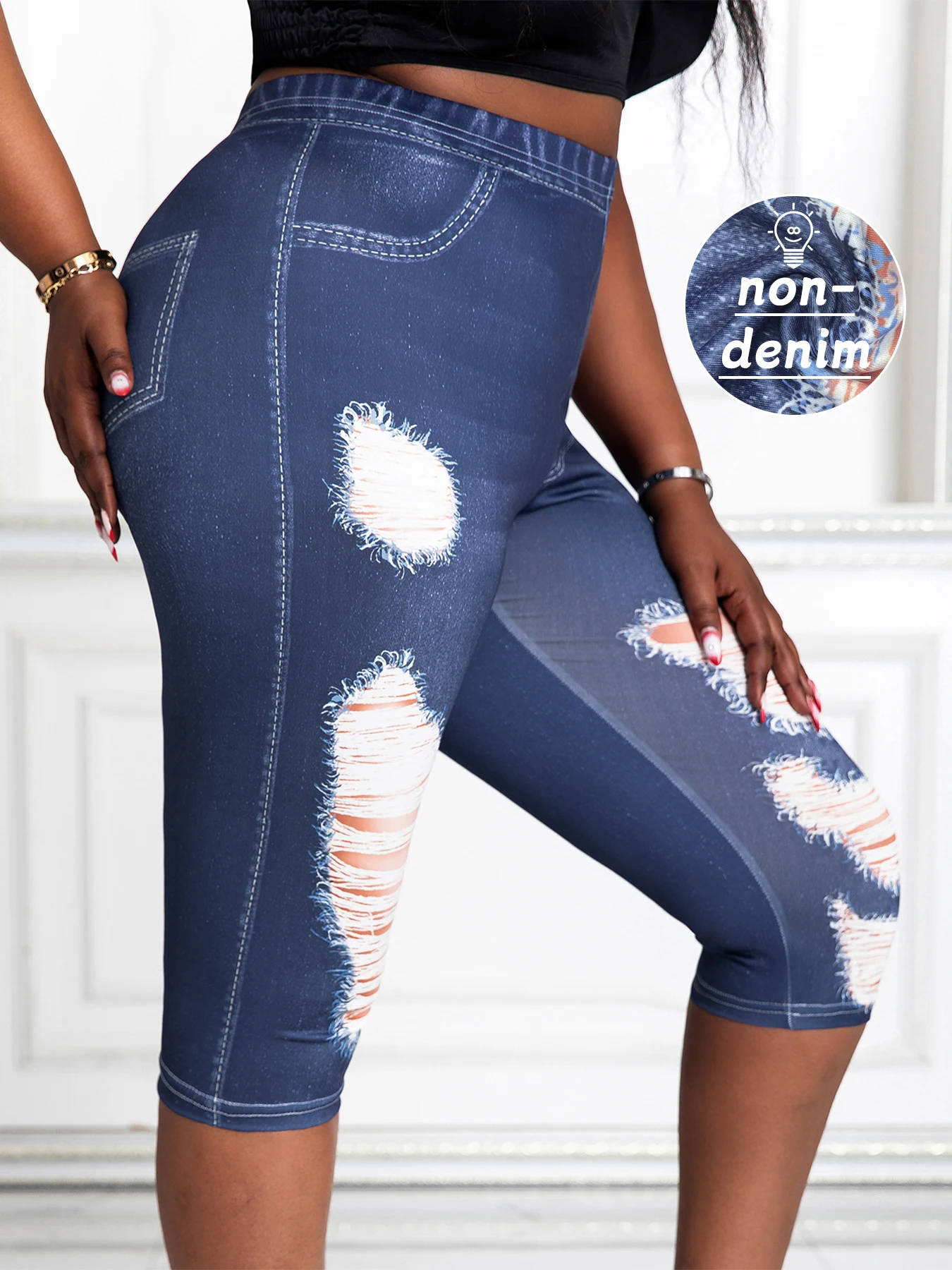 

Plus Size Women's Capri Pants Faux Denim Print with Distressed Detail High Elasticity Comfortable Knit Mid-Calf Trousers