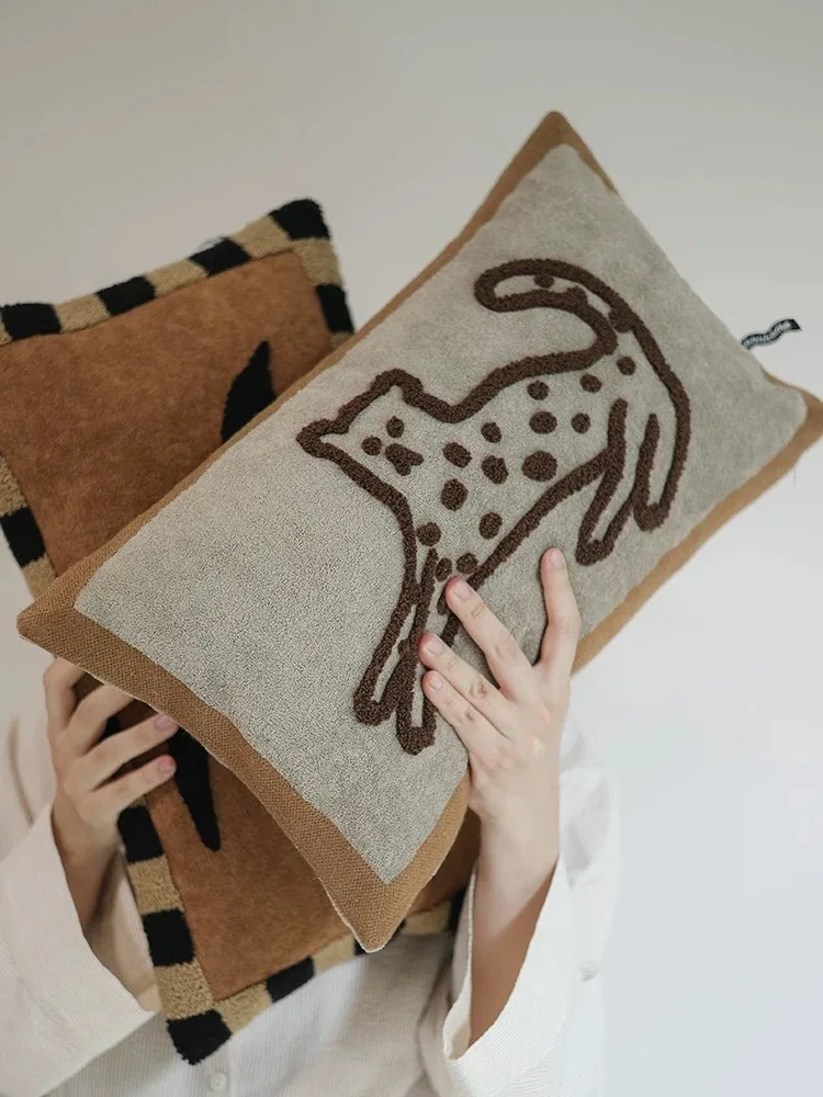 Mid-Century Style 50x30cm Cushion Case Swallow Leopard Towel Embroidered Lumbar Pillow Cover for Sofa Rectangle Pillowcase