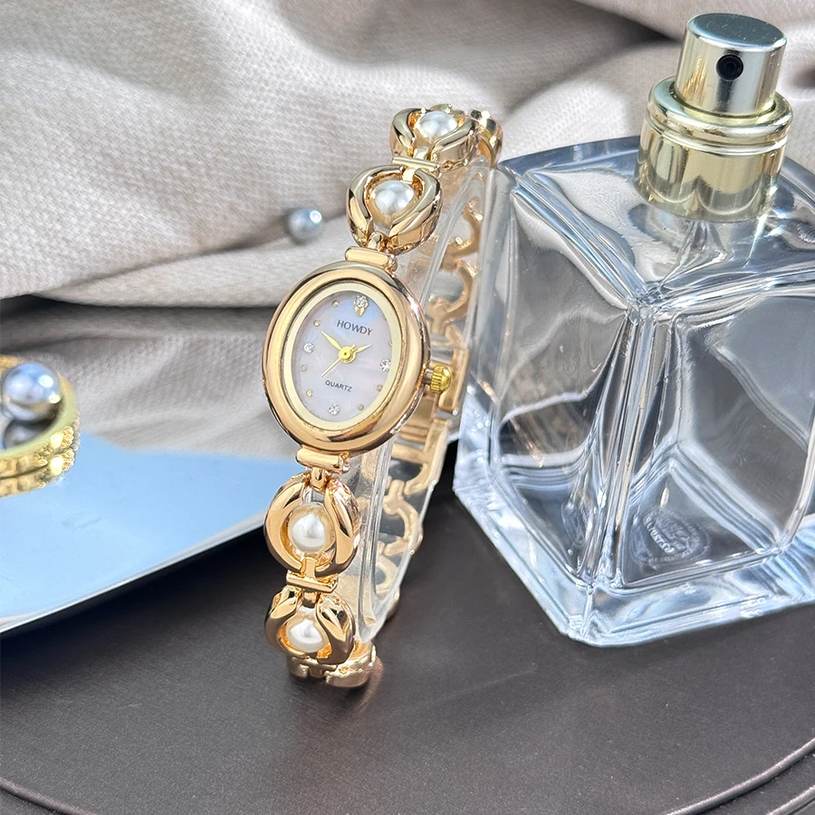 New Fashion Luxury Imitation Pearl French Romantic Oval Shaped Ladies Bracelet Watch High Aesthetic Quartz Watch