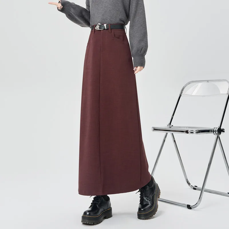 Anankela Red High Waist Straight Long Skirt for Women Autumn Winter Korean Fashion Elegant Back Split Suit Skirts Female