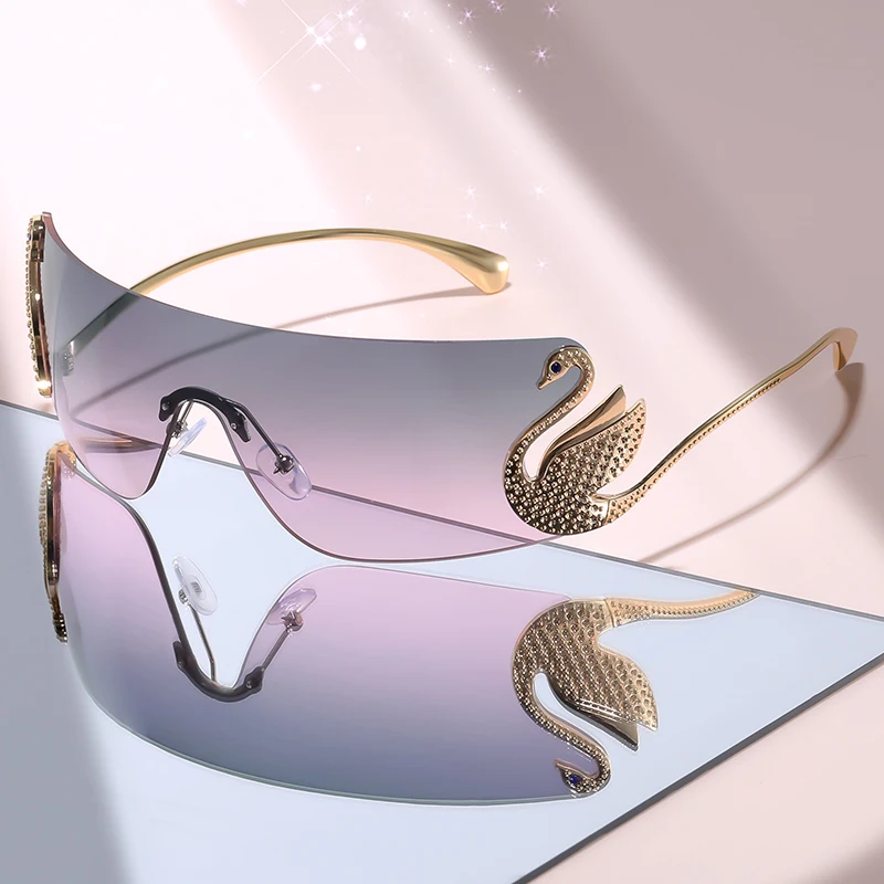 Women Rimless One Piece Sunglasses Luxury Rhinestone Swan Decor Oversized Wrap Shades Protection Eyewear For Outdoor Party