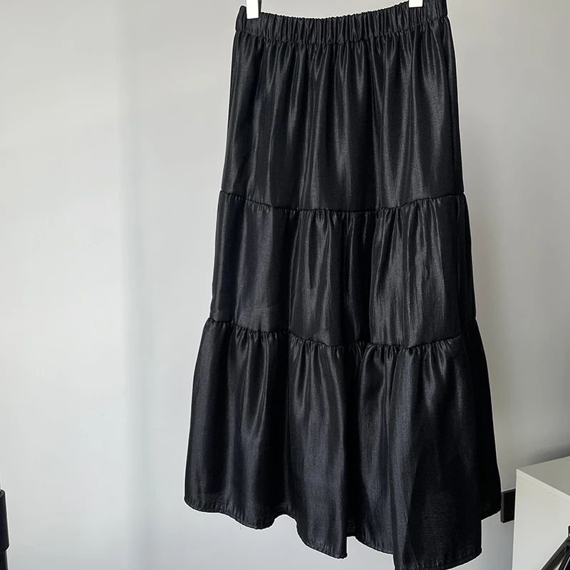 Women's Luster Black Tiered High Waist Midi Skirt Good Quality A-line Viscose Skirt