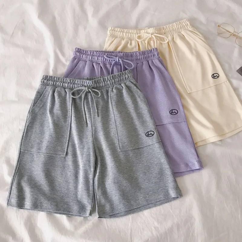 Pantalones cortos de calle para mujer, Shorts elásticos de cintura alta con bordado de pierna ancha, estilo Harajuku coreano para Fitness y verano