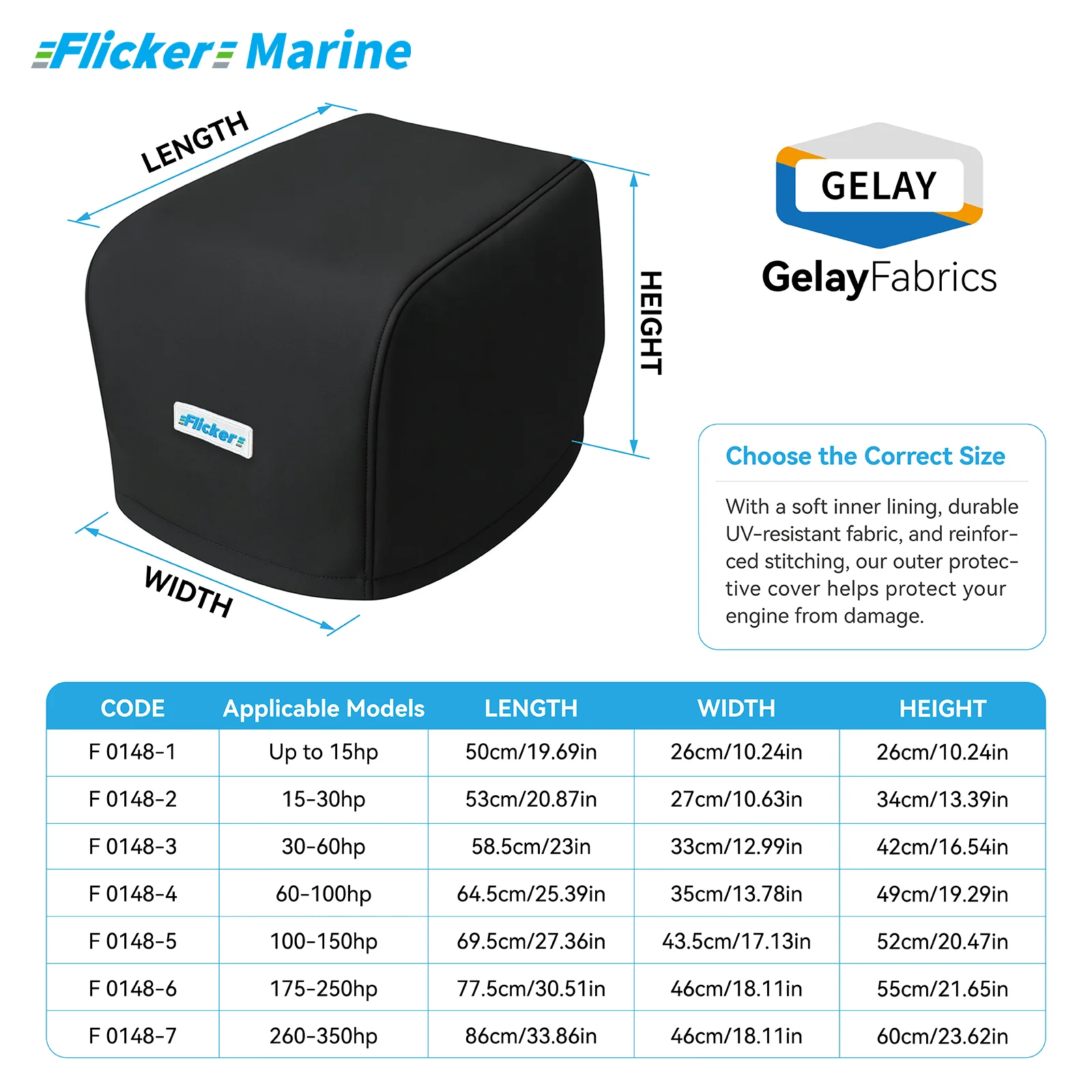 Flicker Universal Half Outboard Cover, Marine Polyester Fabric Cover, Soft Lining, Drawstring, Multi Sizes