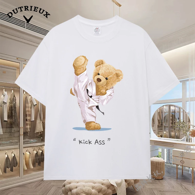 2024 New Luxury Bear Short Sleeved Men's and Women's Loose 230g Fabric weight Cotton Versatile Round Neck Breathable Inner Layup