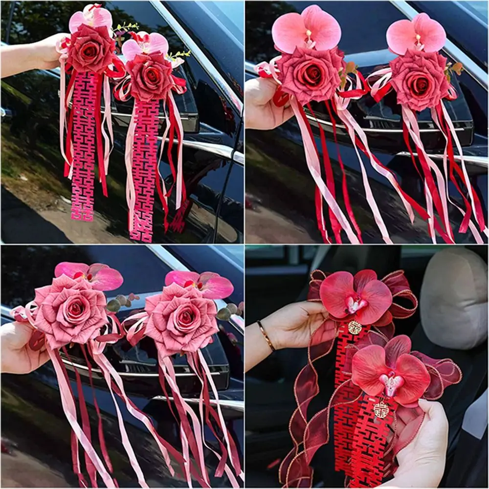 2개입 흡착식 리본 웨딩카 꽃 인공 시뮬레이션 웨딩 장식 재사용 가능한 리본 신부차 장식 홈