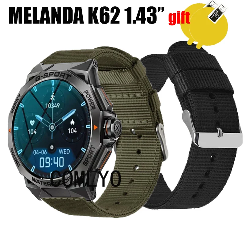 3in1 Wristband for MELANDA K62 1.43” Smart watch Strap Band Nylon Canva Belt Screen Protector film