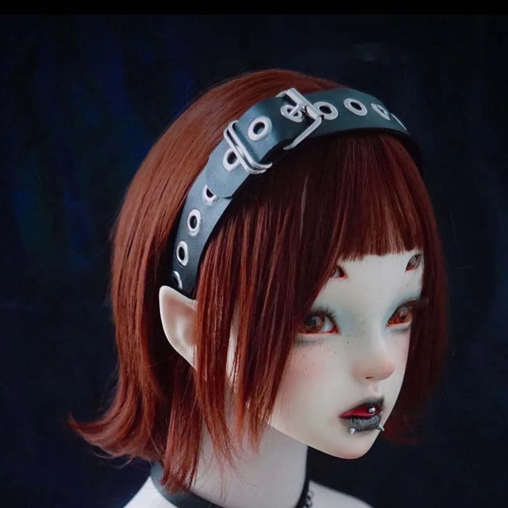 

Hollow Out Steampunk Hair Hoop Y2K Gothic Punk Rivet Headband Wide Side Headpiece Leather Buckle Hairband Anime