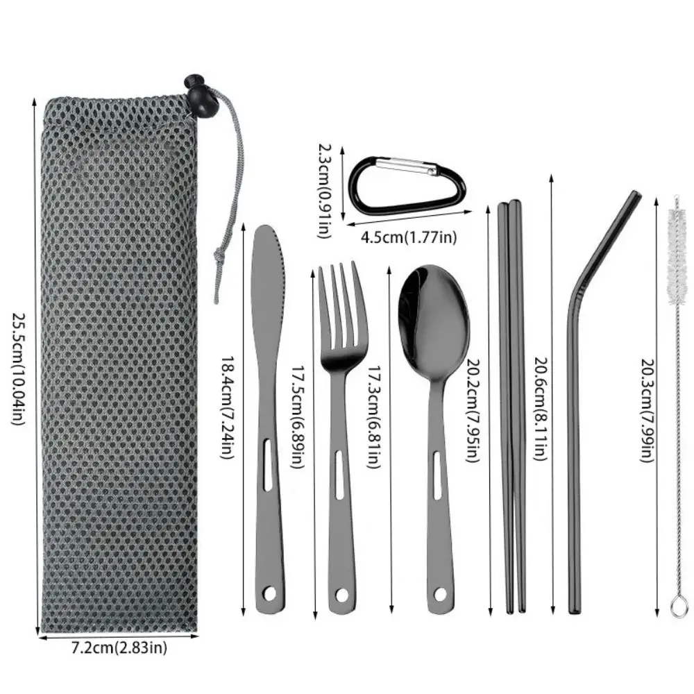4/7pcs Camping Cutlery Set Stainless Steel Black/Silver Flatware Set with Buckle and Storage Bag Spoon Fork Set Travel