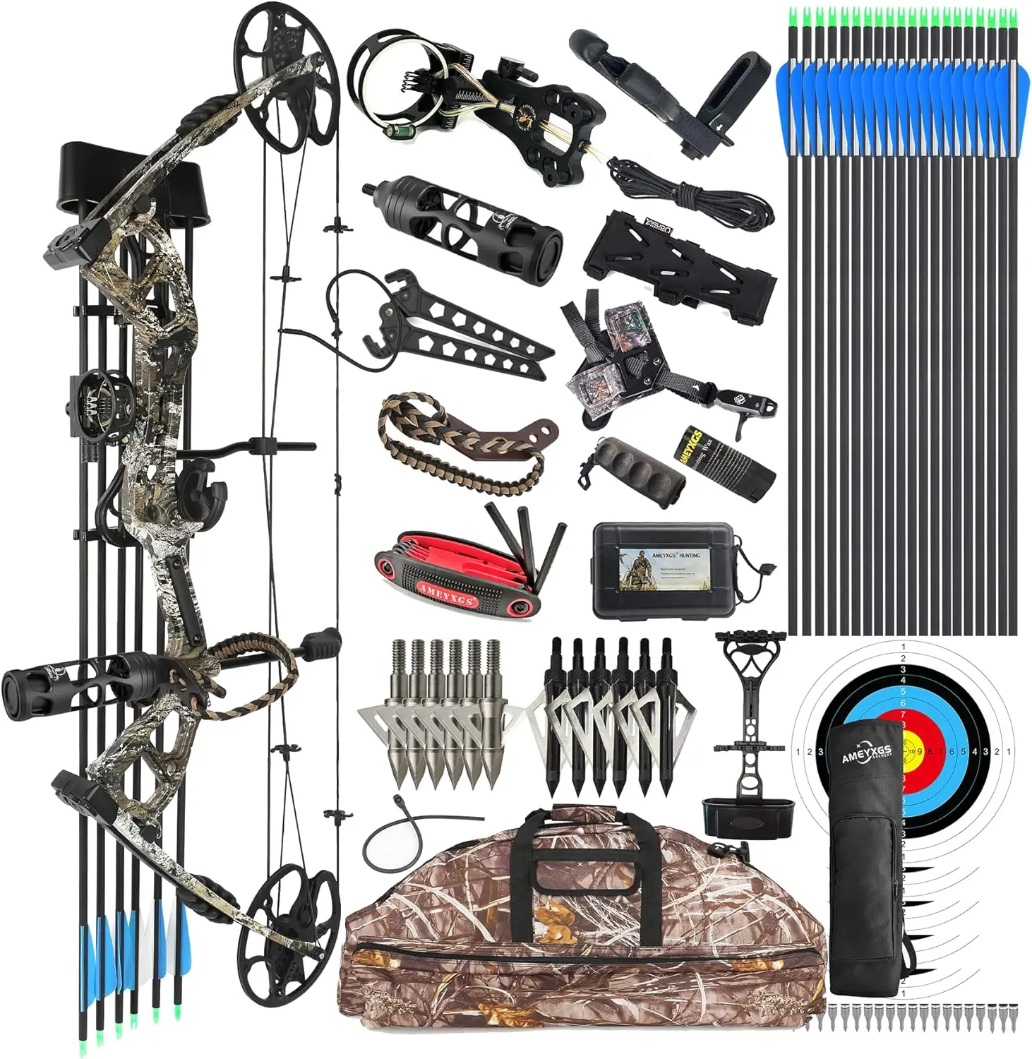 Camo Compound Bow Kit, Hunting & Targeting, Limb Made in USA, Draw Weight 0-70 lbs Adjustable, Draw Length 9u201d-31