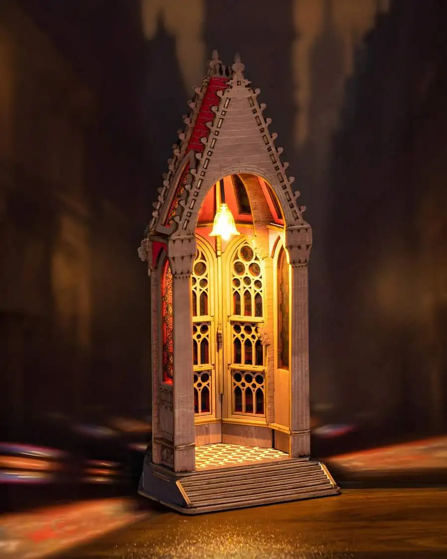 Geometric Cathedral 3D Wooden Puzzle – Gothic Architecture Model Set With LED Light, DIY Toy Set For Adults And Teens, Home Deco