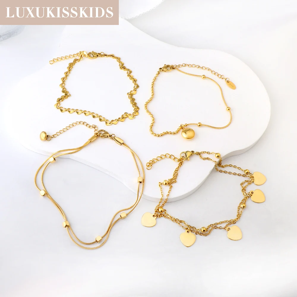 LUXUKISSKIDS New Clover Tassel Anklets Gold Color Stainless Steel Heart Star Charms Leg Bracelets For Woman/Girls Double Layered