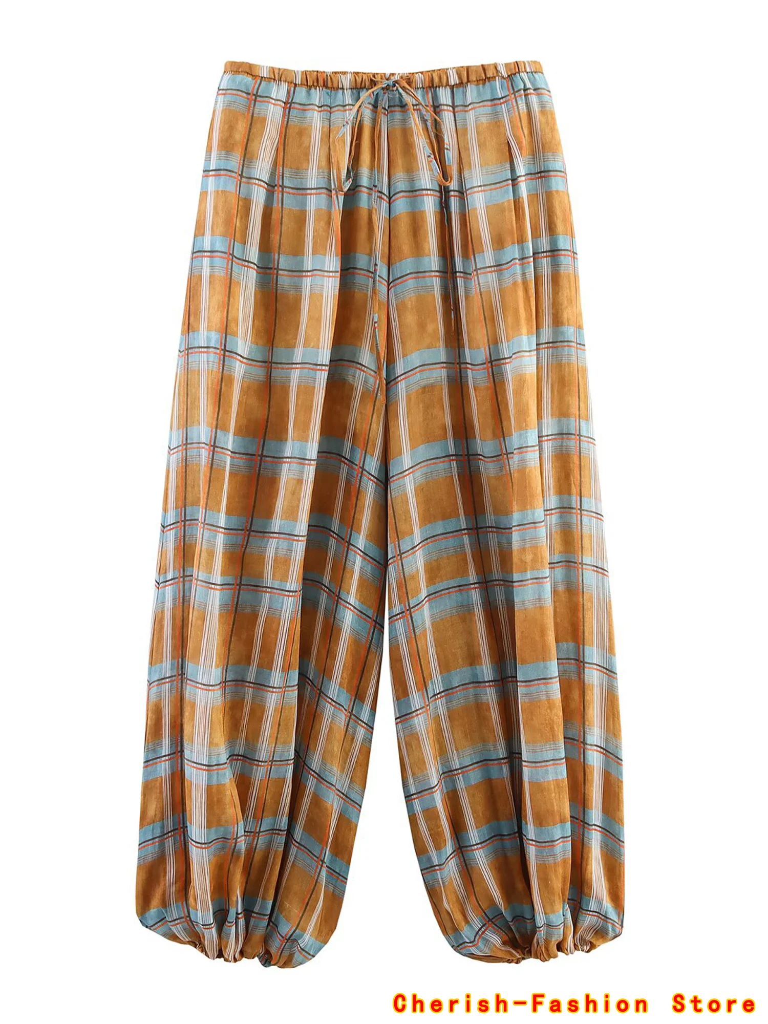 Pantaloni da donna vintage casual chic tasche scozzesi con coulisse pantaloni larghi dritti moda 2025 pantaloni Boho per le vacanze autunnali lanterna