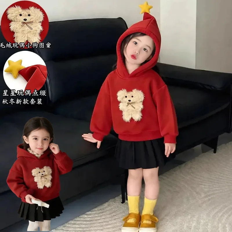 

Girls' Outfit Autumn Winter New Hooded Sweatshirt Toddler Children's Pleated Skirt Long Sleeve Set