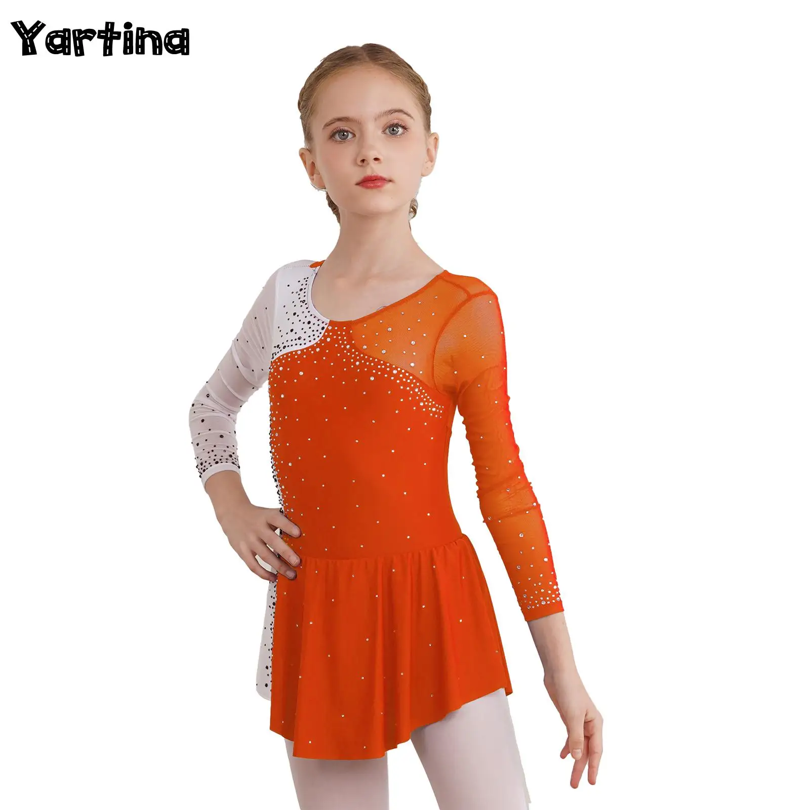 

Kids Girls Shiny Rhinestone Gymnastics Artistic Figure Skating Dress Ballet Jersey Lyrical Dance Leotards Performance Costume