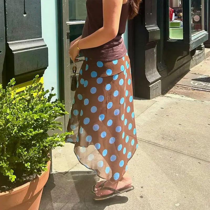 Damskie letnie spódnice midi w stylu Y2K vintage w grochy z bocznym zamkiem, wysokim stanem, przezroczystą siateczką, z nieregularnym dołem w kształcie litery A.