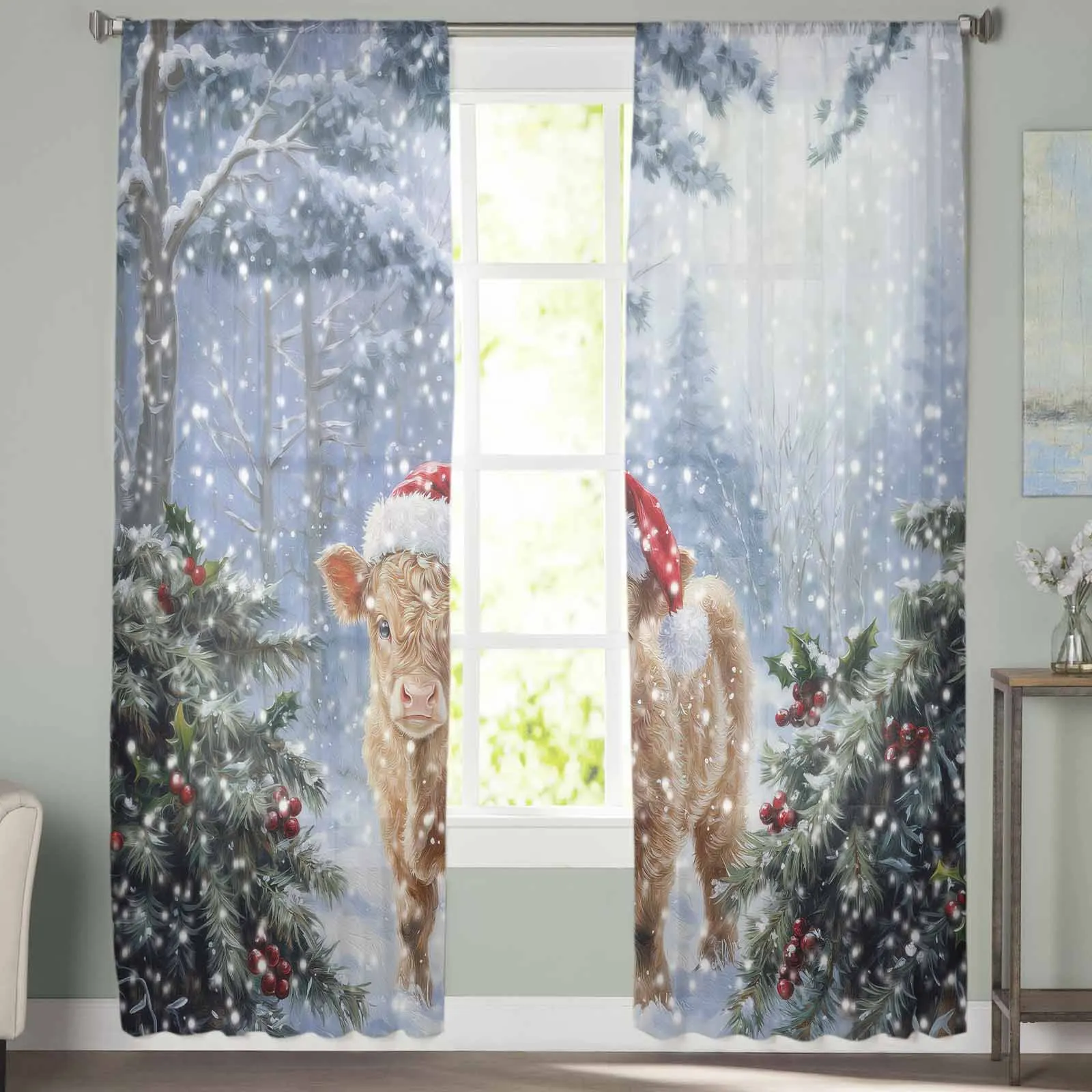 Oil Painting Christmas Hat Highland Cow  Sheer Curtains for Living Room Bedroom Home Hotel Decor Chiffon Tulle Curtains