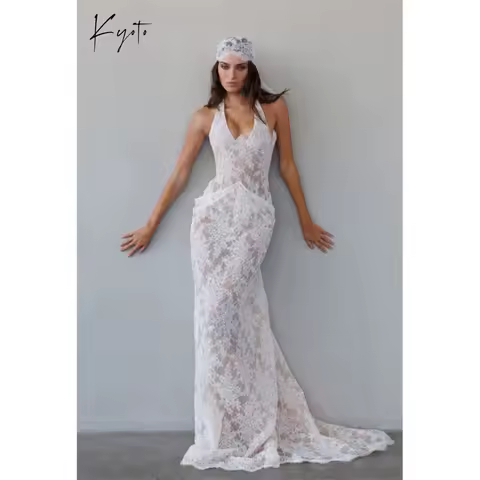 Kyoto Customized White Floral Lace Mermaid Wedding Dress Halter Neck Sleeveless vestidos de noiva Lace-Up Evening Dress 2026
