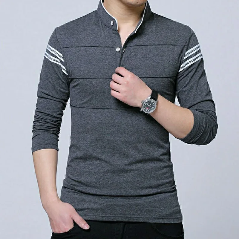 Camisas polo de algodão listrado masculina, roupas masculinas de manga comprida, streetwear solto, top casual básico versátil, moda coreana,