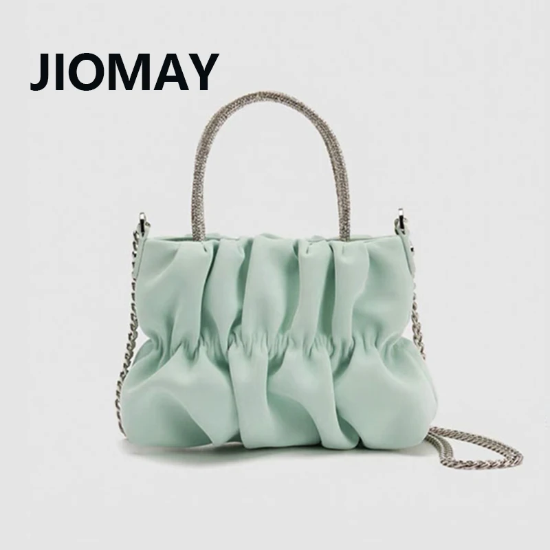 JIOMAY Luxury Designer Handbag 2023 Women Bling Rhinestone Handle Shoulder Bag for Wedding Party Ladies Pleated Small Square Bag